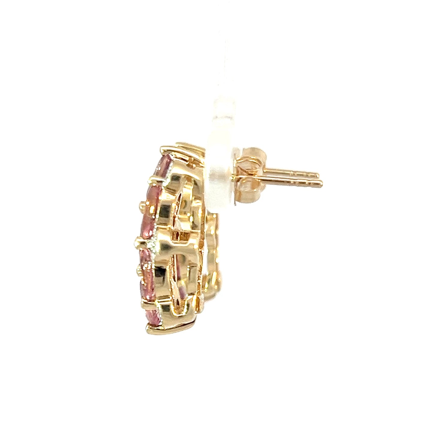 Elegantes pendientes durmientes en oro amarillo de 14 quilates con circonitas cúbicas rosas y diamantes.