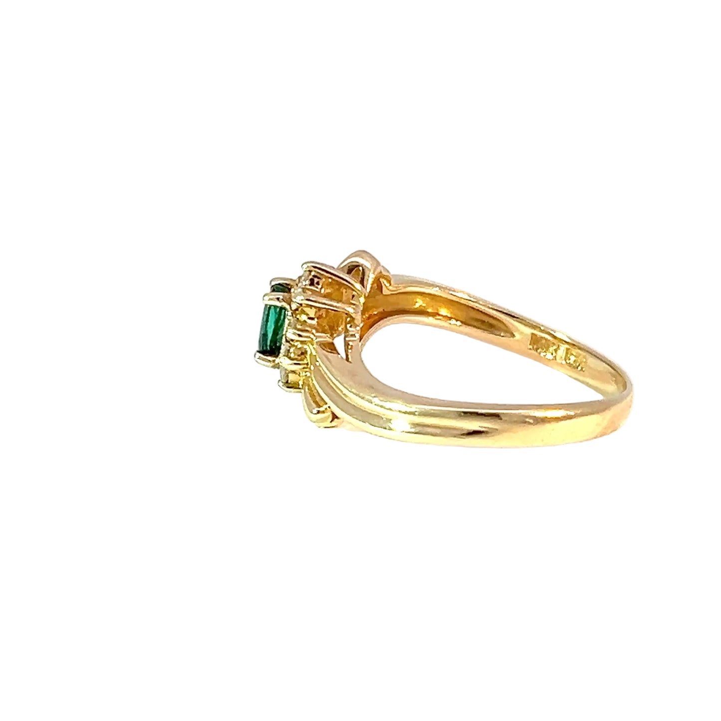 Exquisito anillo multisafiro en oro amarillo de 14 K con esmeralda oval cabujón y diamantes naturales