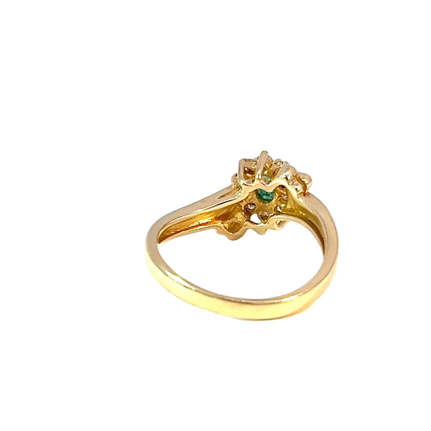 Exquisito anillo multisafiro en oro amarillo de 14 K con esmeralda oval cabujón y diamantes naturales
