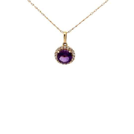 10k Yellow Gold Pendant with Purple Amethyst and Natural Brilliant Cut Diamonds
