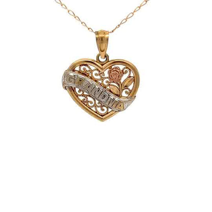 Colgante de oro amarillo de 10k con diseño de corazón y detalles en oro blanco y rosa.
