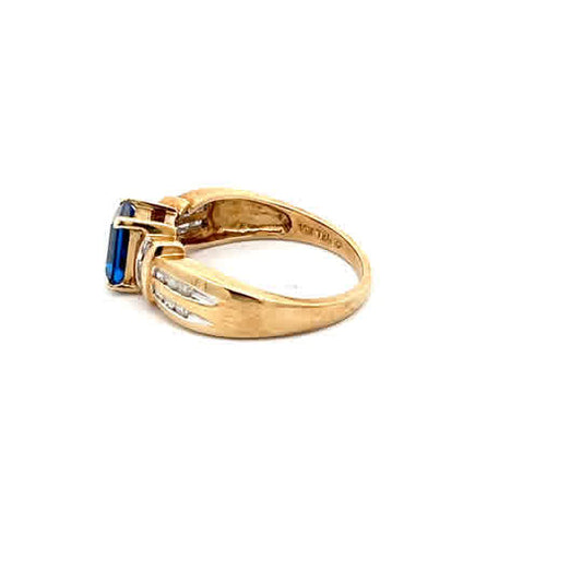 10k Yellow Gold Ring with Emerald Cut Blue Zirconia, Natural Diamonds, and Engraved Details