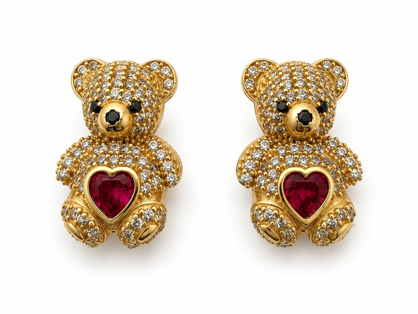 14K Gold Teddy Bear Earrings with Zirconias and Red Heart