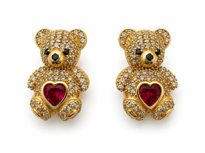 14K Gold Teddy Bear Earrings with Zirconias and Red Heart