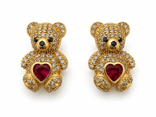14K Gold Teddy Bear Earrings with Zirconias and Red Heart