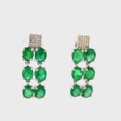 18k White Gold Long Earrings with Oval Emeralds and Natural Diamonds