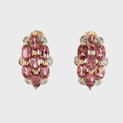 Elegant 14K yellow gold stud earrings with pink cubic zirconia and diamonds